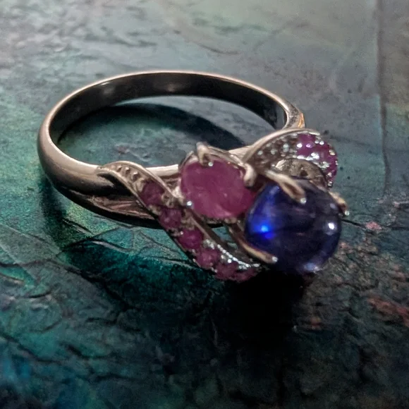 Sterling Silver Natural Blue Sapphire And Pink Sapphire Ring Size 9 - Picture 7 of 9